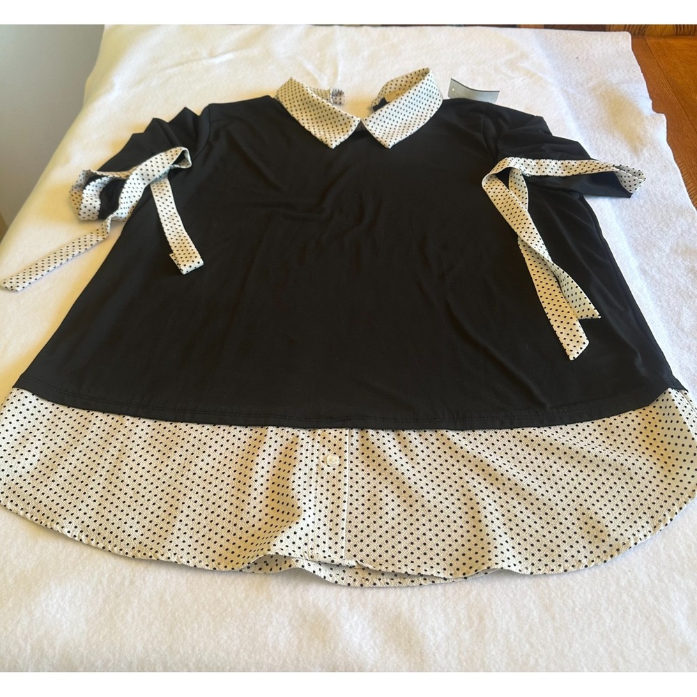 Misia Curvy Polka Dot Top Womens 2X Black Layered Peter Pan Collar Tie Blouse